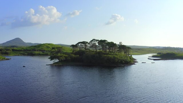 Pine Island, Derryclare Lough, Connemara, County Galway, July 2021. Drone Slowly Orbits Pine Island, Facing South With The Connemara Bog Complex In The Background.