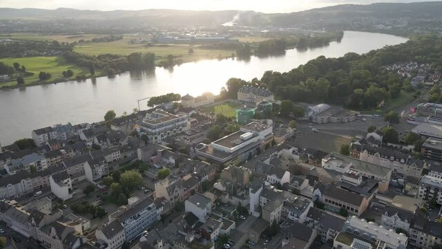 Neuwied town by Rhine river.  Aerial towards the Neuwied castle, Rhineland-Palatinate, Germany