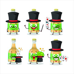 A cider bottle Magician cartoon character perform on a stage. Vector illustration