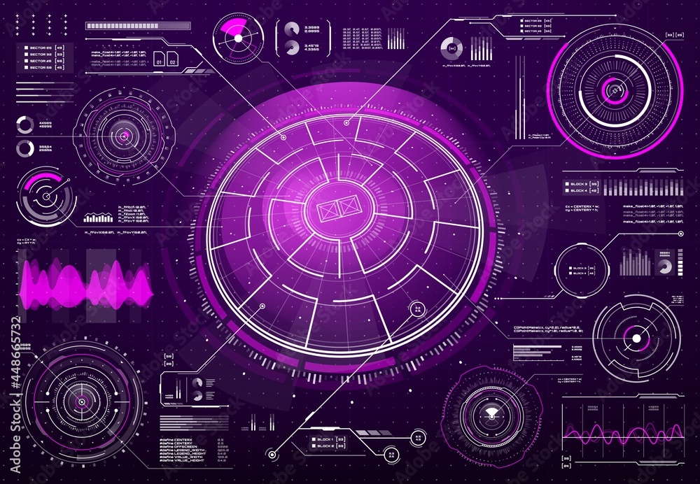 Poster HUD futuristic technology screen digital interface. Sci Fi user interface, future dashboard design with glowing pink neon light circle diagrams, vector infographics fluctuations graphs and waves