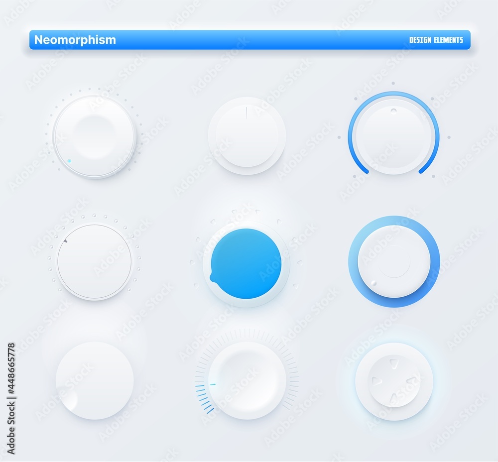 Aufkleber Neomorphic Ui kit mobile app round level buttons. Sound volume control knob, amplifier power vector white dials with blue scales, game controller D-pad. Futuristic design audio controls and switches