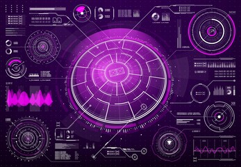 HUD futuristic technology screen digital interface. Sci Fi user interface, future dashboard design with glowing pink neon light circle diagrams, vector infographics fluctuations graphs and waves