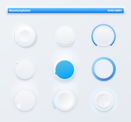 Neomorphic Ui kit mobile app round level buttons. Sound volume control knob, amplifier power vector white dials with blue scales, game controller D-pad. Futuristic design audio controls and switches