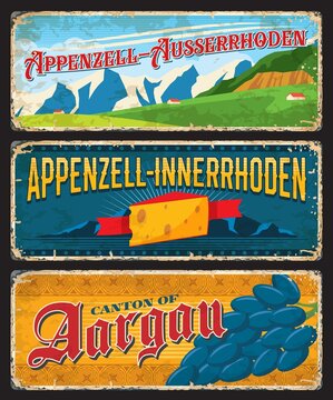 Appenzell-Ausserrhoden, Appenzell-Innerrhoden and Argau Swiss canton plates. Vector vintage banners with Switzerland cheese, grapes and mountains. Travel touristic landmark signs, retro grunge boards