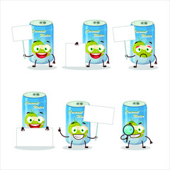 Coconut water can cartoon character bring information board. Vector illustration