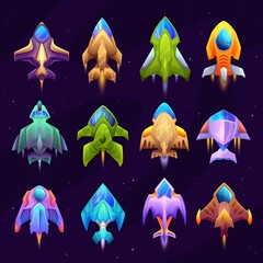 Cartoon starship, spacecraft and spaceship icons. Vector rockets, fantasy vehicles for travel in outer space. Futuristic shuttles, design elements for gui games. Isolated starships game asset - obrazy, fototapety, plakaty