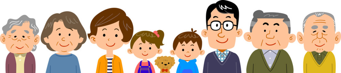 四世代家族の上半身のイラスト
