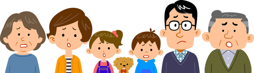 困った表情の三世代家族の上半身のイラスト
