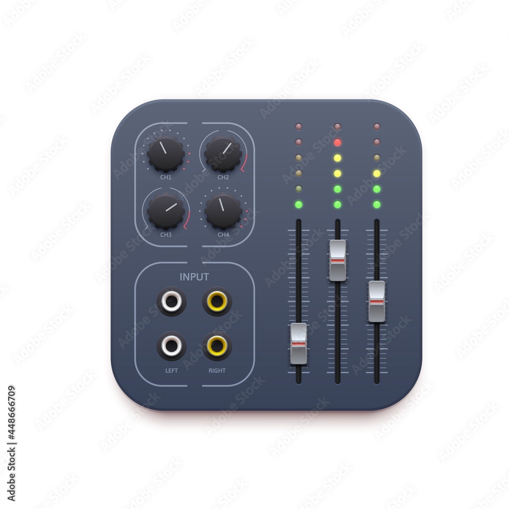 Poster Sound mixer, music sound record app icon, vector DJ audio control buttons. Sound mixer application icon with audio studio panel sliders, volume tuners and song player toggles and microphone inputs