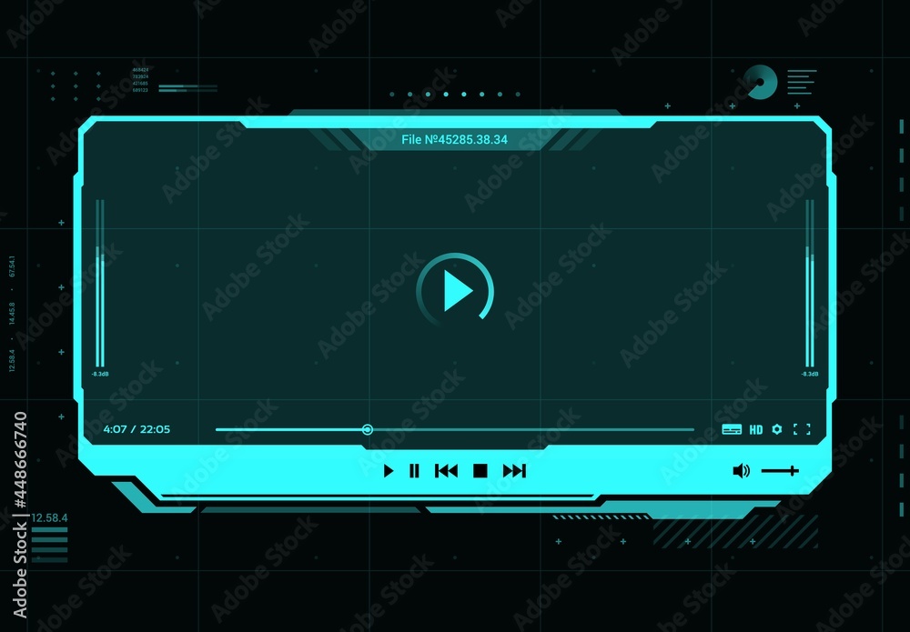 Poster HUD video and sound player futuristic screen interface, vector multimedia play. HUD video or music web player, for audio media and online live streaming with pause player buttons, video frame