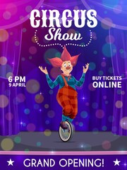 Shapito circus poster, cartoon clown on unicycle, vector funfair carnival show. Circus clown or harlequin performer on unicycle bicycle, entertainment carnival show grand opening poster © Vector Tradition