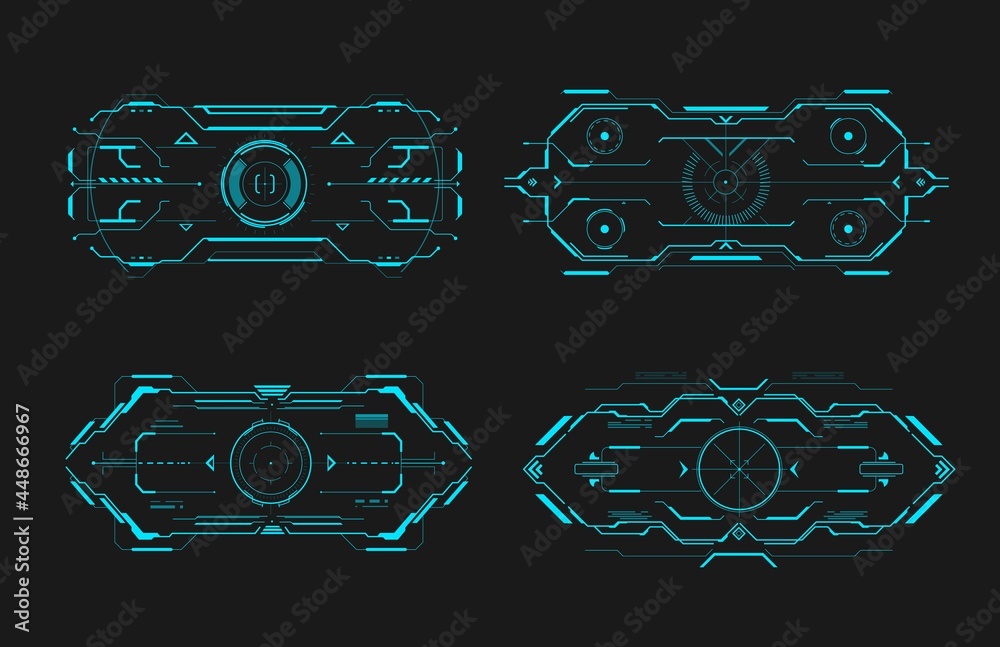 Poster HUD aim control frame interface futuristic target screen. Vector ski-fi monitors, UI techno elements, military optical aiming, spaceship crosshairs. Modern collimator sight, gun focus range indication
