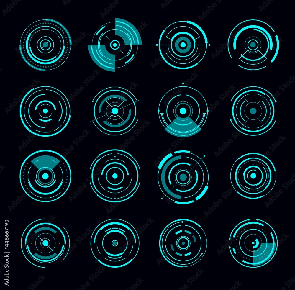 Poster HUD interface round radar futuristic circle. Game interface elements, future or Sci Fi weapon electronic sights designs set, vector infographics circle diagrams, UI interface blue neon light icons