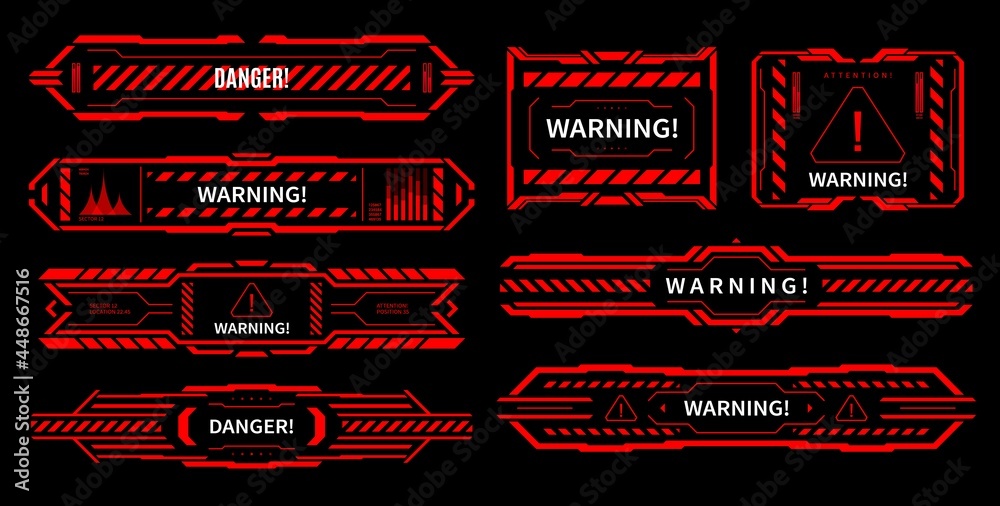 Leinwandbilder HUD danger and alert attention red interface signs. Vector warning notification, caution futuristic ski-fi UI design elements in modern technology style. Pop up alarm screens for hacker virus attack