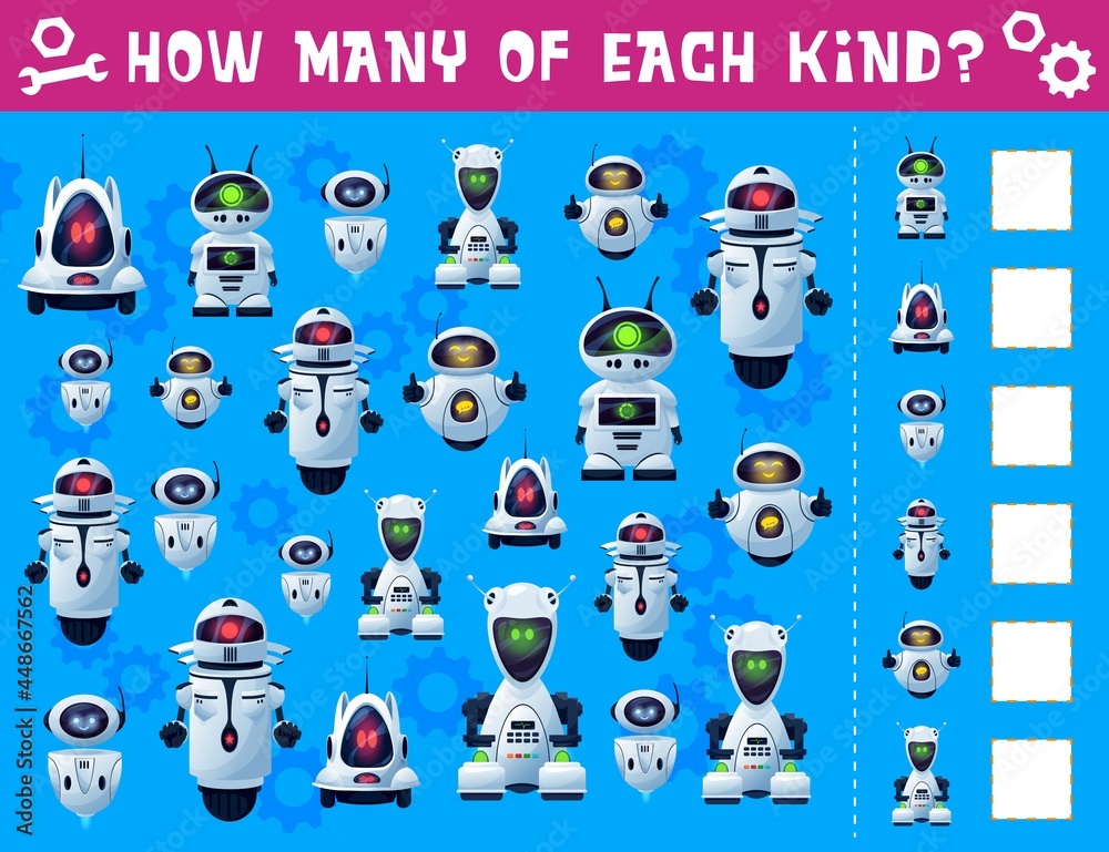 Poster robots and droids kids i spy game. children riddle, counting puzzle or quiz book page template with 