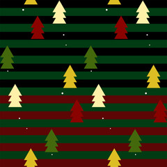Seamless pattern. Christmas tree design isolated on green, red, black striped background. Stylish pattern concept for wrapping paper, fabric, print, wallpaper, textile gift wrap. Vector illustration.