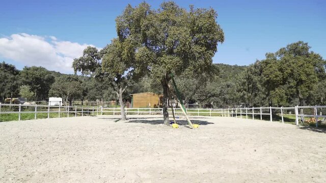 Empty outdoor manege on sunny summer day. Fenced sand paddock. Trucking shot