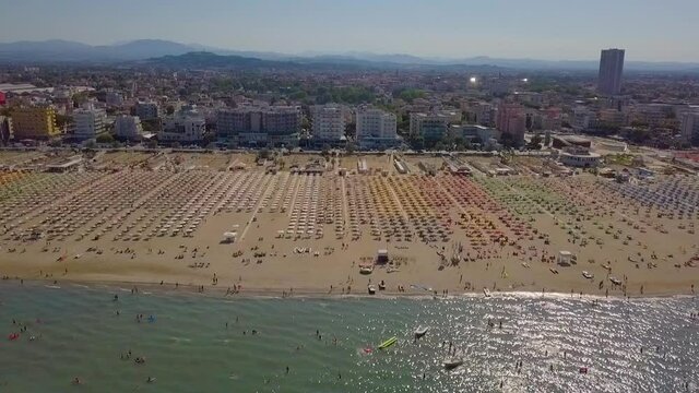 Aerial View Of Rimini Coastline At Summertime In Italy - drone sideways