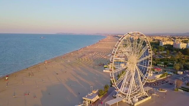 Aerial Panorama Of Popular Adriatic Beach Of Rimini In Emilia Romagna, Italy - drone shot