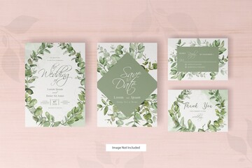 set of greenery wedding invitation card template design with eucalyptus leaves