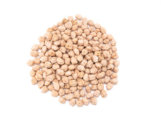 Top view of uncooked chickpea pile isolated on white background. Healthy food