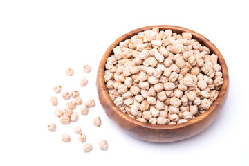 Uncooked chickpea in wooden bowl isolated on white background. healthy food