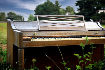 Weathered piano in a field, sky and trees in the background