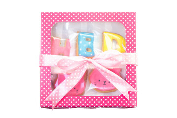 sugar cookies or royal icing cookies in pink gift box