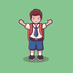 a male student wearing a bag with happy expresssion. a cute schoolboy vector. back to school background.  boy in school uniform