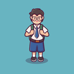 a male student wearing a bag cartoon illustration. a cute male schoolboy vector. back to school background.  boy in school uniform