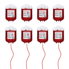 Blood bag red with label different blood group A, B, O and Rh system. Blood donation ideas to help the injured medical. 3D Vector EPS10 illustration