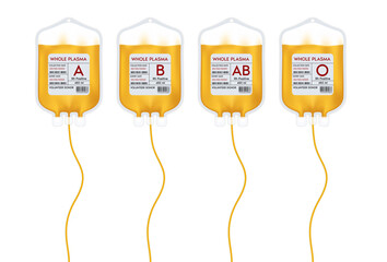 Plasma blood bag with label different Plasma group A, B, O and Rh system. Plasma donation ideas to help the injured medical. 3D Vector EPS10 illustration