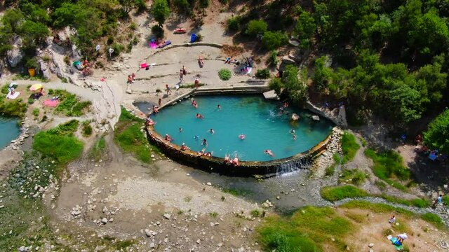 drone view hot springs of Banjat e Benj&euml;s (sometimes referred to as Benja or Benje), made one of the most photogenic places in southern Albania.