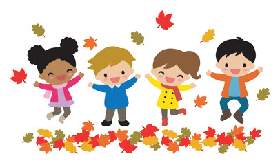 Cute kids including boys and girls playing and jumping with falling maple leaves in autumn vector illustration.