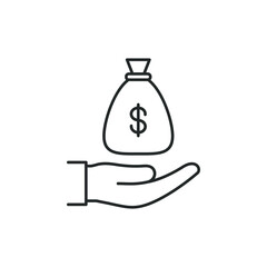 Money bag on hand icon line style isolated on white background. Vector illustration