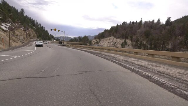 Rim of the World Scenic Byway Snow Mountain Canyon Driving Plate 01 Big Bear Dam San Bernardino Mountains California USA