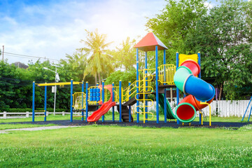 Colorful playground on yard in the park. - 448671912