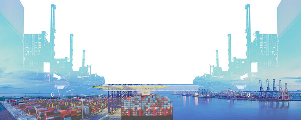 Double exposure Container loading in container yard with container handlers and Rear view cargo...
