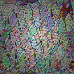 Seamless pattern with interesting doodles on colorfil background. Vector illustration.