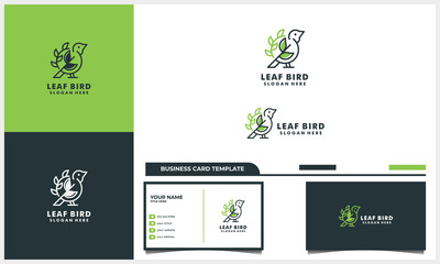 line art bird with nature leaf logo concept and business card template