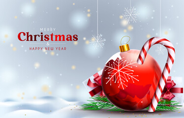 Christmas vector background design. Merry christmas text with red ball, candy cane and xmas celebration elements for holiday season greeting card decoration. Vector illustration
