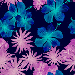 Fototapeta na wymiar Violet Seamless Leaves. Indigo Pattern Palm. Navy Tropical Vintage. Pink Flower Illustration. Blue Decoration Exotic. Purple Watercolor Nature. Banana Leaves.
