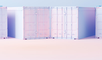 Containers for the carriage of goods by sea, air and road on pastel blue and pink background. Shipping cargo concept. International import, export. Transportation services. 3d rendering