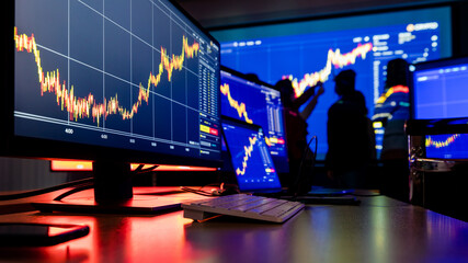 Close up shot of financial analysis graph chart stock exchange bitcoin cryptocurrency report on...