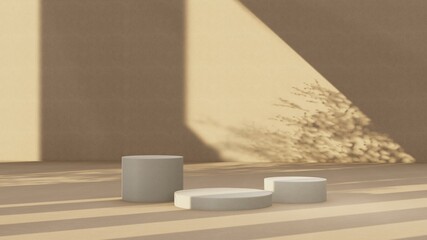 Premium podium on pastel Background for product display, Abstract geometric composition with branch and shadow on the wall -3D render. Mock up for exhibitions.