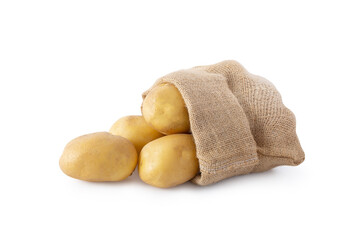 potato in sack isolated on white background.