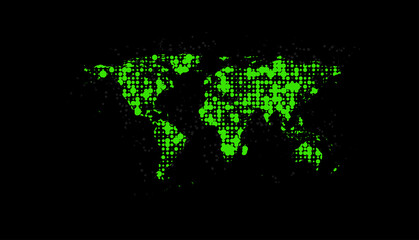 Abstract bright green dotted world map sci-fi background. Vector design
