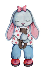 Cute cartoon little bunny rabbit hare girl. Watercolor hand drawn illustration for children and baby design, isolated. 