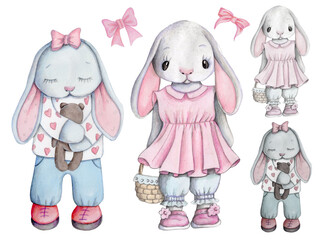Cute cartoon little bunny rabbit hare girl. Watercolor hand drawn illustration for children and baby design, isolated. 
