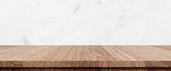 Wood table and white wall background in kitchen, Wooden shelf, counter for food and product display in room background, Wood table top, desk surface banner, mockup, template
